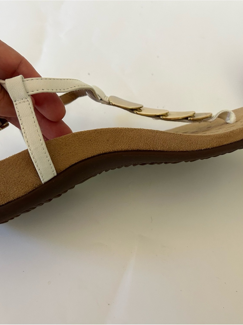 NEW White Women's T-Strap leather Sandals with Gold Accent - Picture 9 of 14